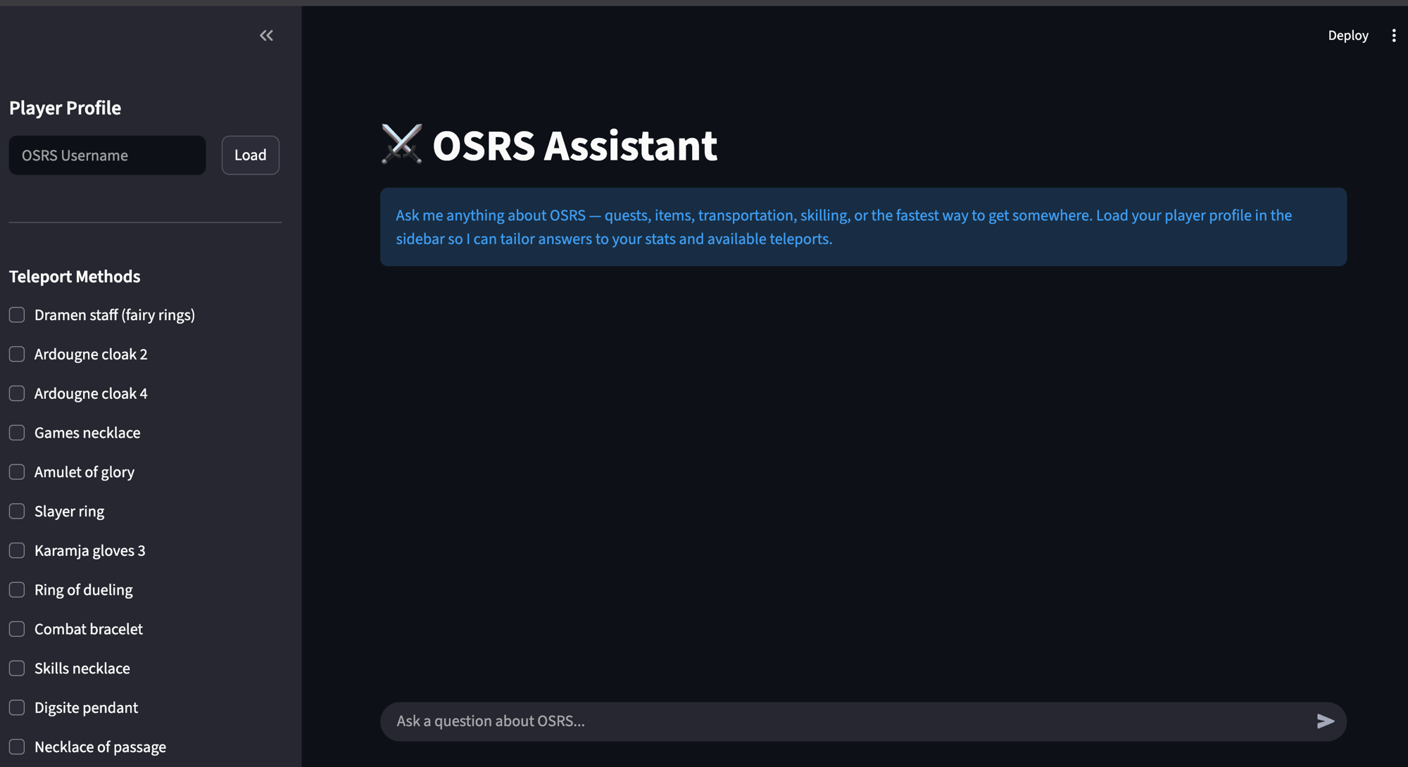 The OSRS Assistant app interface: Player Profile sidebar on the left, chat on the right