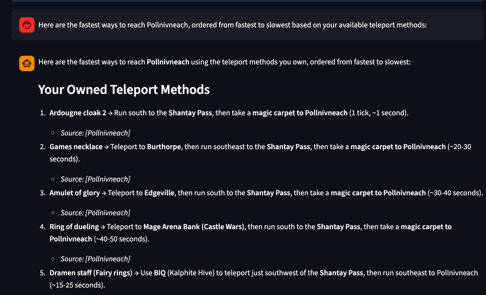 The chatbot now uses the player's owned teleport methods