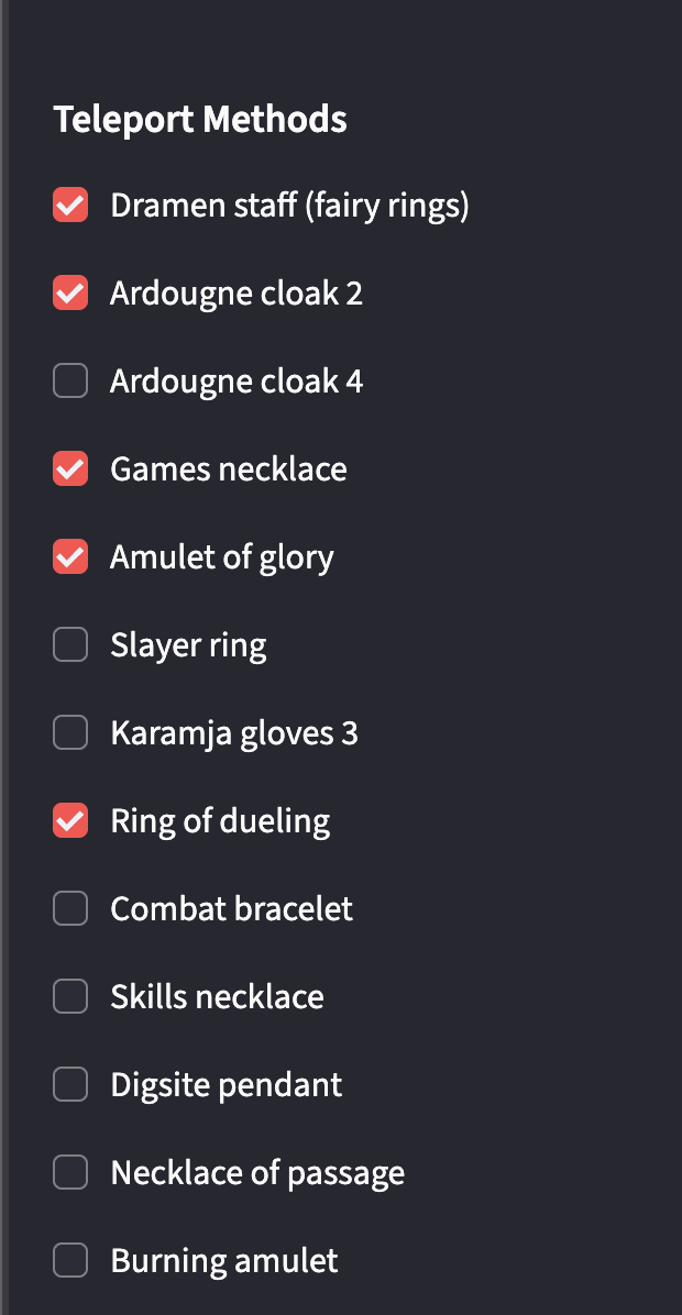Teleport methods checklist in the OSRS Assistant sidebar